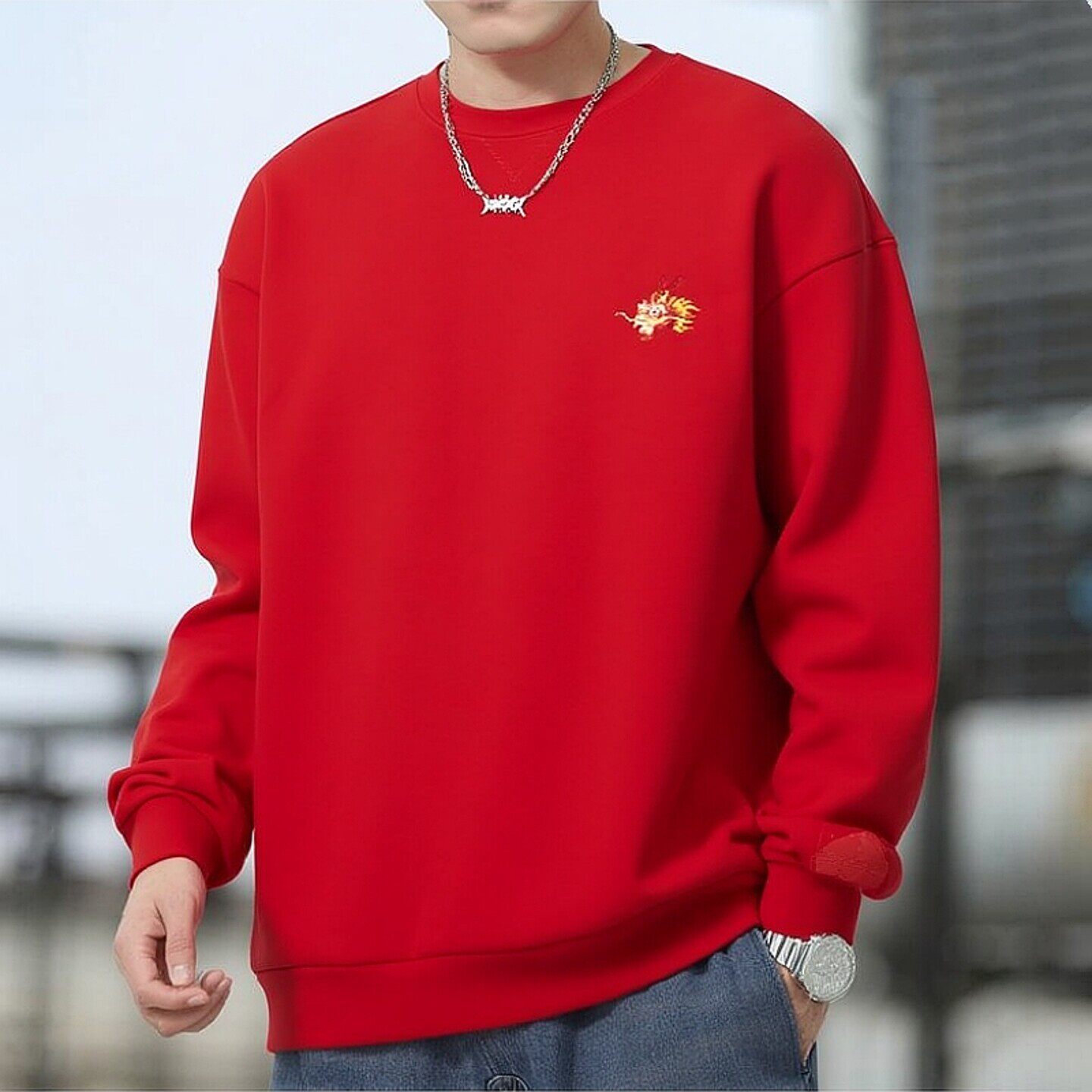 Adidas红色厚棉T男士秋季时尚圆领运动服健身训练外套休闲套头衫