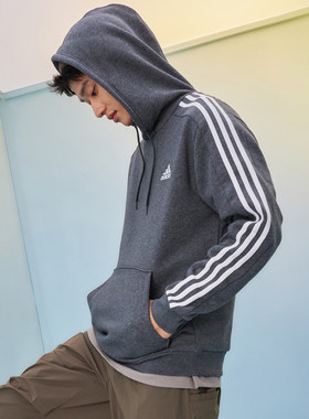 阿迪达斯灰色连帽卫衣男加绒运动服宽松外套三条纹套头衫IJ6475