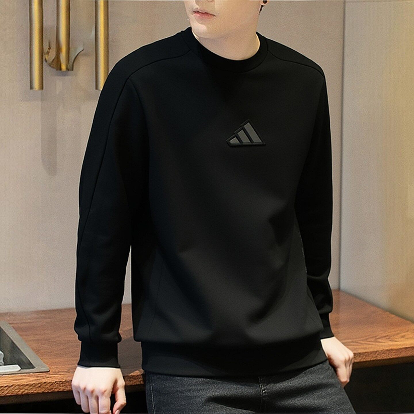 阿迪达斯卫衣男秋季新款黑色运动服男士圆领宽松百搭棉质打底衫