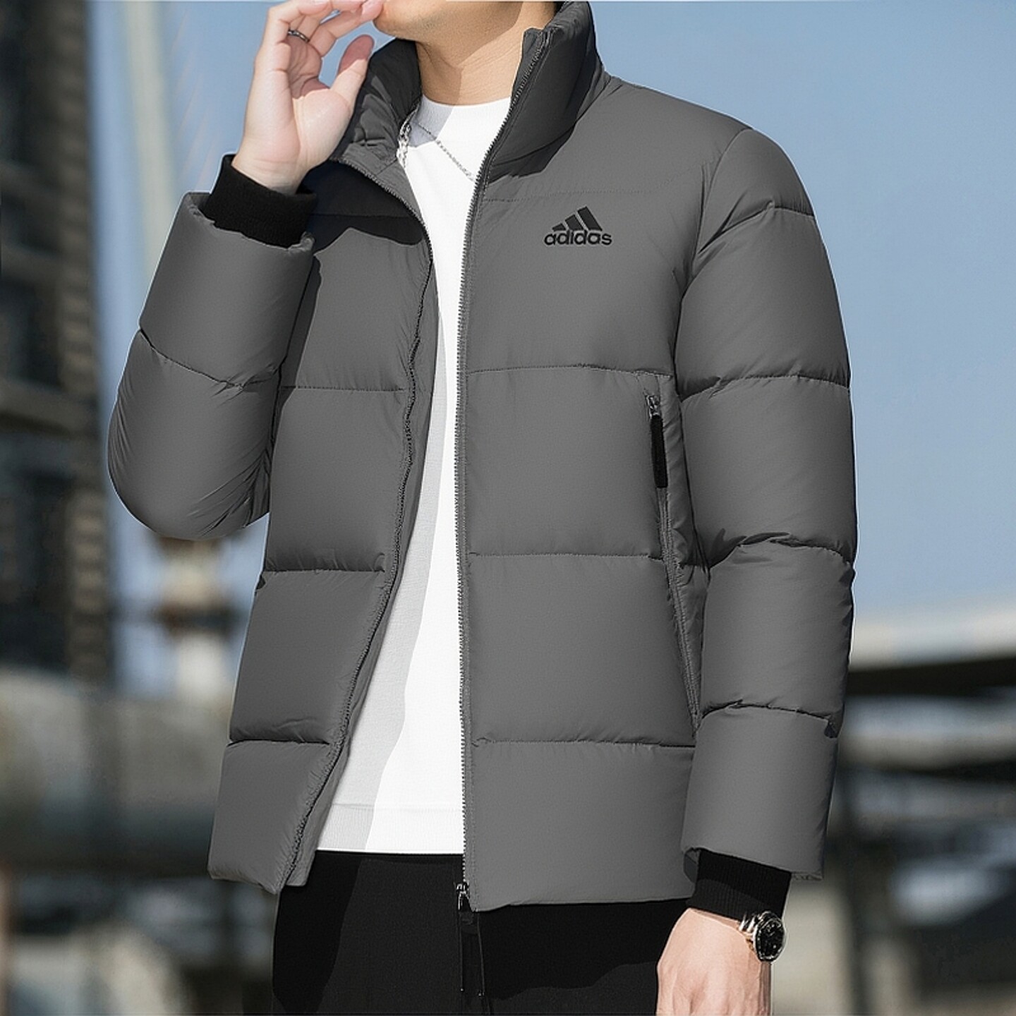 阿迪达斯立领羽绒服男冬季新款防风面包户外加厚保暖灰色鸭绒外套