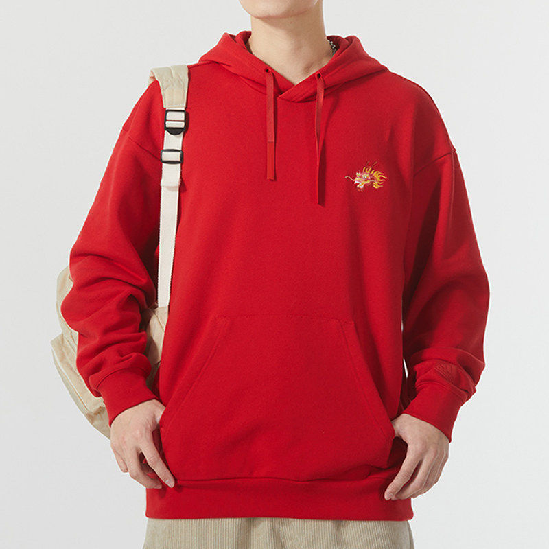 阿迪达斯红色卫衣男春季新年款龙年印花休闲正品上衣运动连帽外套