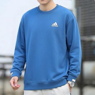 纯色套头衫 阿迪达斯蓝色休闲卫衣男款 圆领舒适透气长袖 新款 春季
