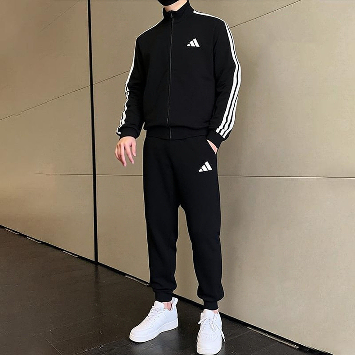 Adidas运动套装男春秋立领外套休闲跑步运动服男士收口小脚长裤