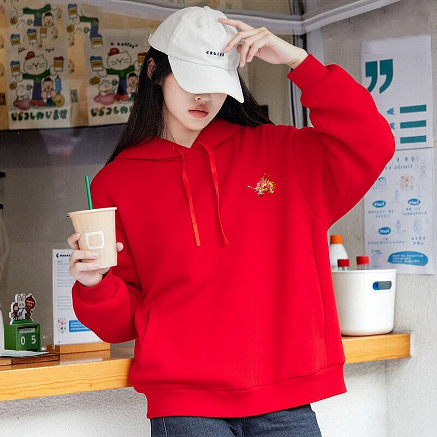 阿迪达斯红色卫衣女26新年款宽松上衣休闲套头运动服连帽衫JE6101