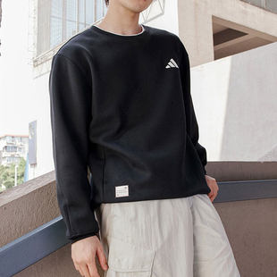 阿迪达斯加绒保暖卫衣男款黑色套头运动休闲长袖外套