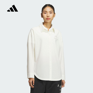Adidas阿迪达斯女子运动休闲经典logo长袖凉感翻领纯色衬衫JN7779