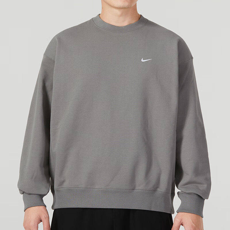 Nike耐克春秋款灰色卫衣针织男小标运动上衣圆领复古休闲装套头衫