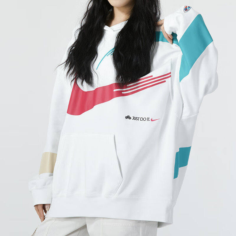 NIKE耐克套头衫彩勾女装保暖防风白色宽松连帽运动卫衣FD4798-121