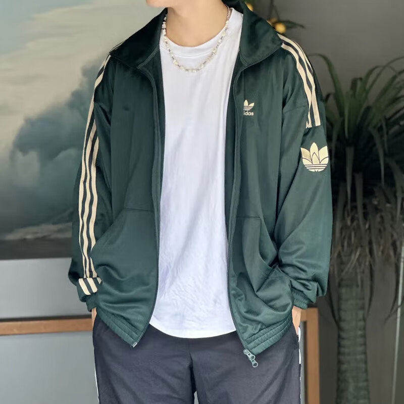 阿迪达斯三叶草外套男新款防风绿色宽松休闲立领夹克正品JL8400