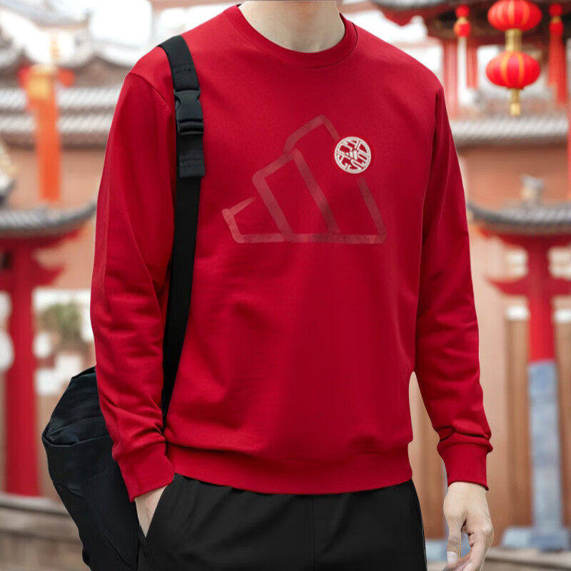 阿迪达斯红色卫衣男装正品春季新款圆领上衣宽松正品本命年打底衫
