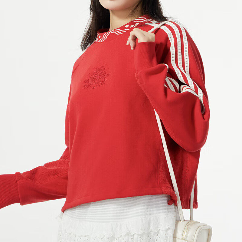 阿迪达斯三叶草卫衣女春季新年款红色套头衫短款美式上衣套头外套