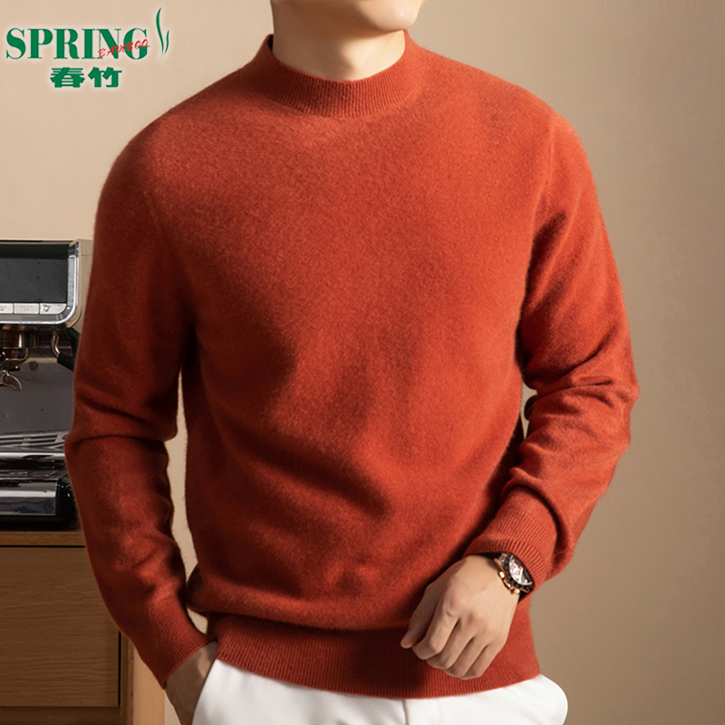 春竹半高圆领纯色时尚羊绒衫男