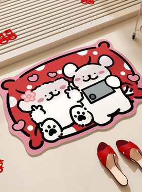 卡通小狗浴室地垫喜庆红色家用洗手间门口吸水地垫耐磨防滑脚踏垫