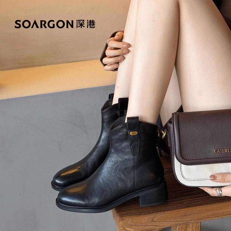 深港专柜2025冬季新品圆头粗高跟气质女士马丁短靴子W1082X89785
