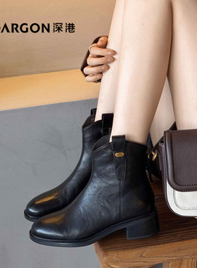深港专柜2025冬季新品圆头粗高跟气质女士马丁短靴子W1082X89785