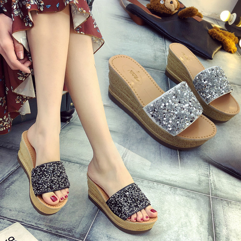 Net Red Sequins Muffin With slope slipper The thickness of the bottom Waterproof Sandals fashion Rhinestone chic All-match word dragin the Women's Shoes, slipper, Word tow category - from Buy2taobao.com to provide professional Taobao agent buy service