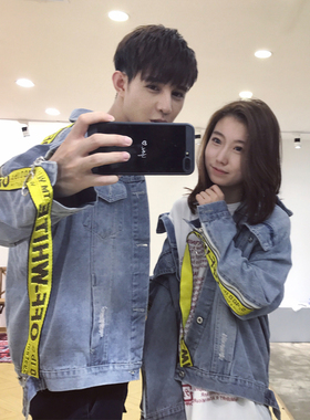 ARIO原创设计个性飘带韩版牛仔潮水洗蓝外套情侣男女