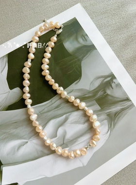 原创小众亮泽天然粉橘巴洛克项链