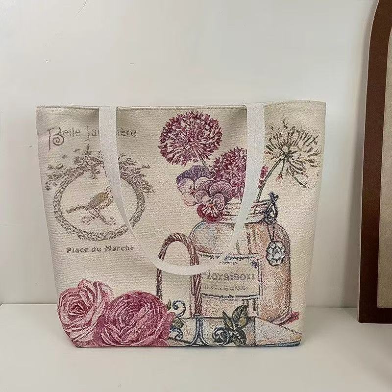 新款刺绣女士帆布包新款手提小布包上班族外出便携时尚双面刺绣