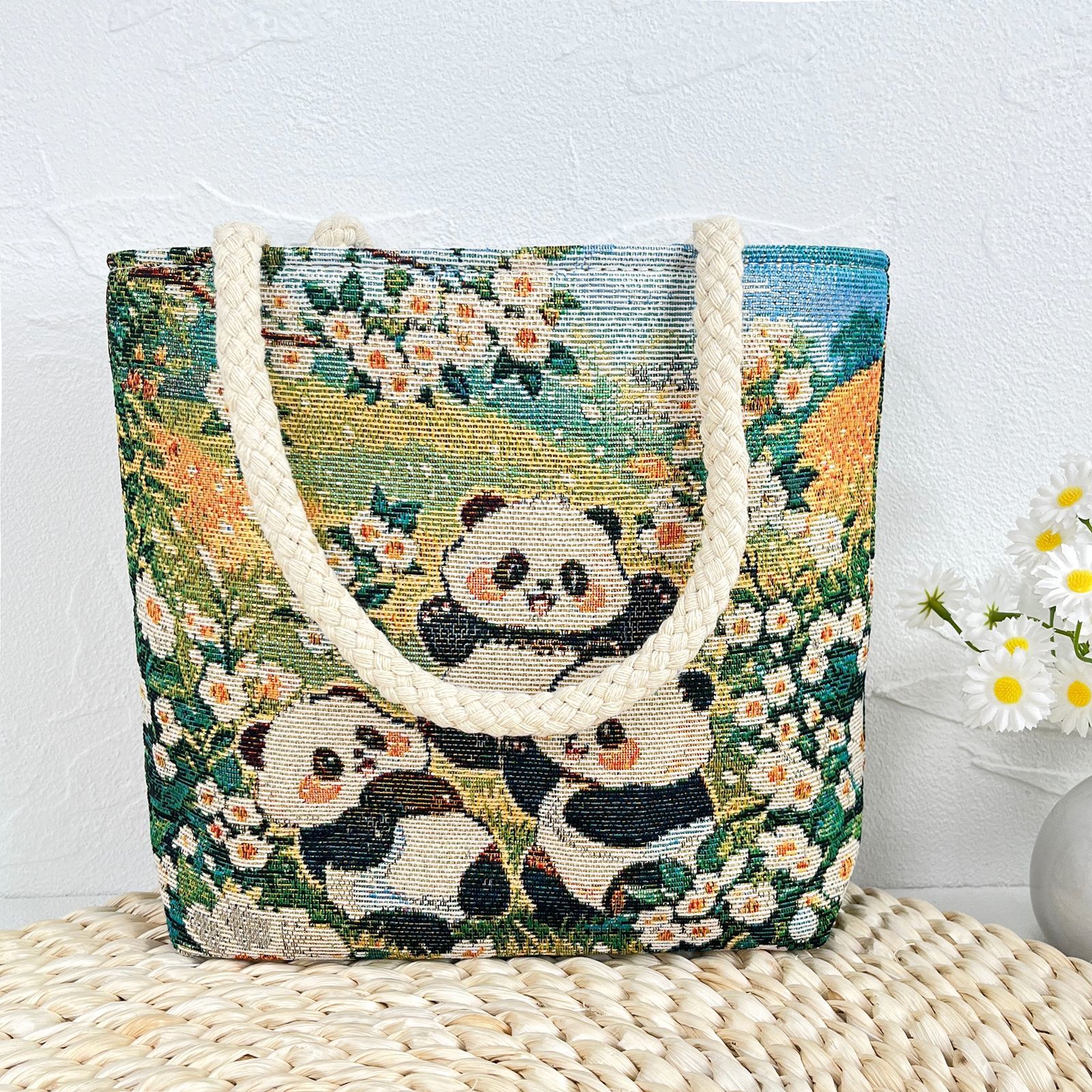 可爱熊猫刺绣帆布包大容量托特包