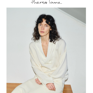 thereAt laine真丝拼接堆褶V领100极细羊毛质感针织衫