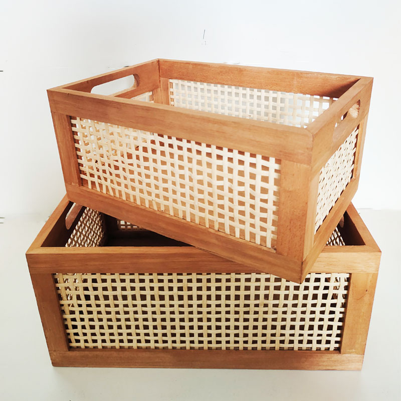 桌面复古收纳筐篮子竹编仿藤编实木收纳盒日式木质长方形置物架