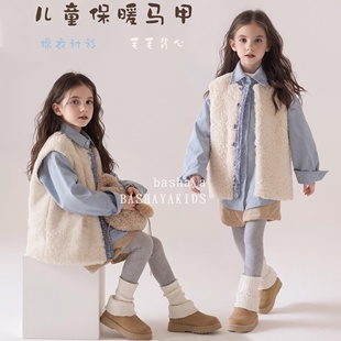 童装女童保暖背心冬夹棉外穿无袖格子拼毛毛马甲裙子大童女装冬装