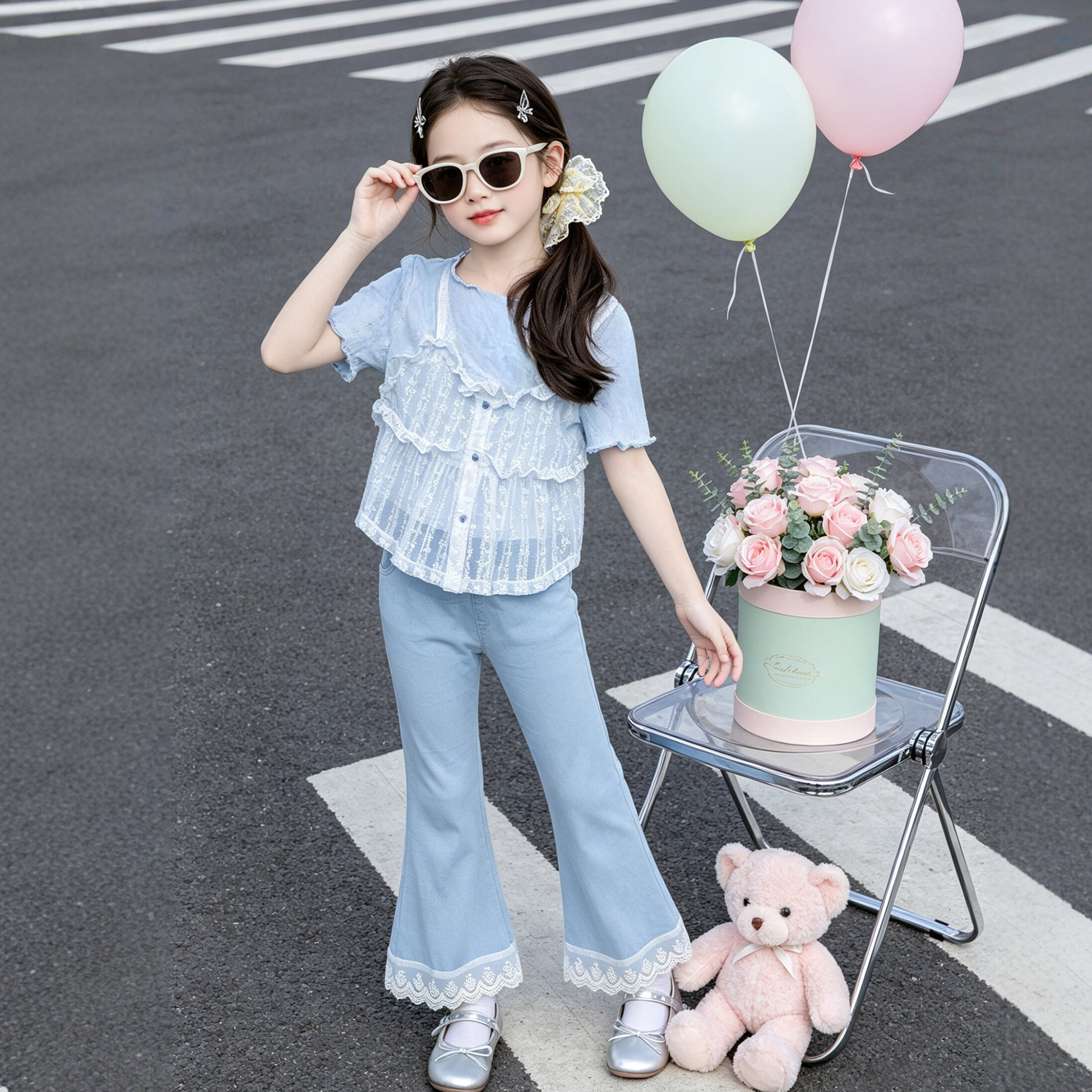 女童夏套装甜美风儿童夏季20026新款短袖儿童日常巨好看喇叭裤子5