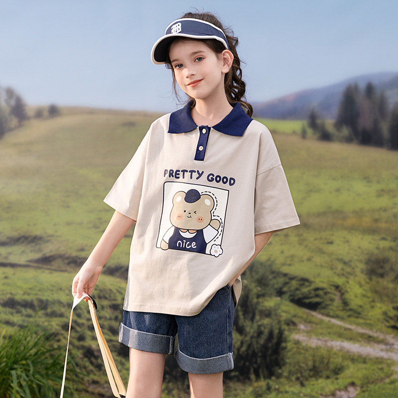 polo领短袖T恤女童夏季2026新款半袖体恤夏儿童纯棉宽松翻领上衣t