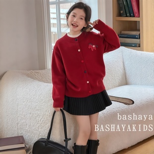 女童红色刺绣小马针织开衫儿童秋冬加厚宽松毛衣外套女大童新年装