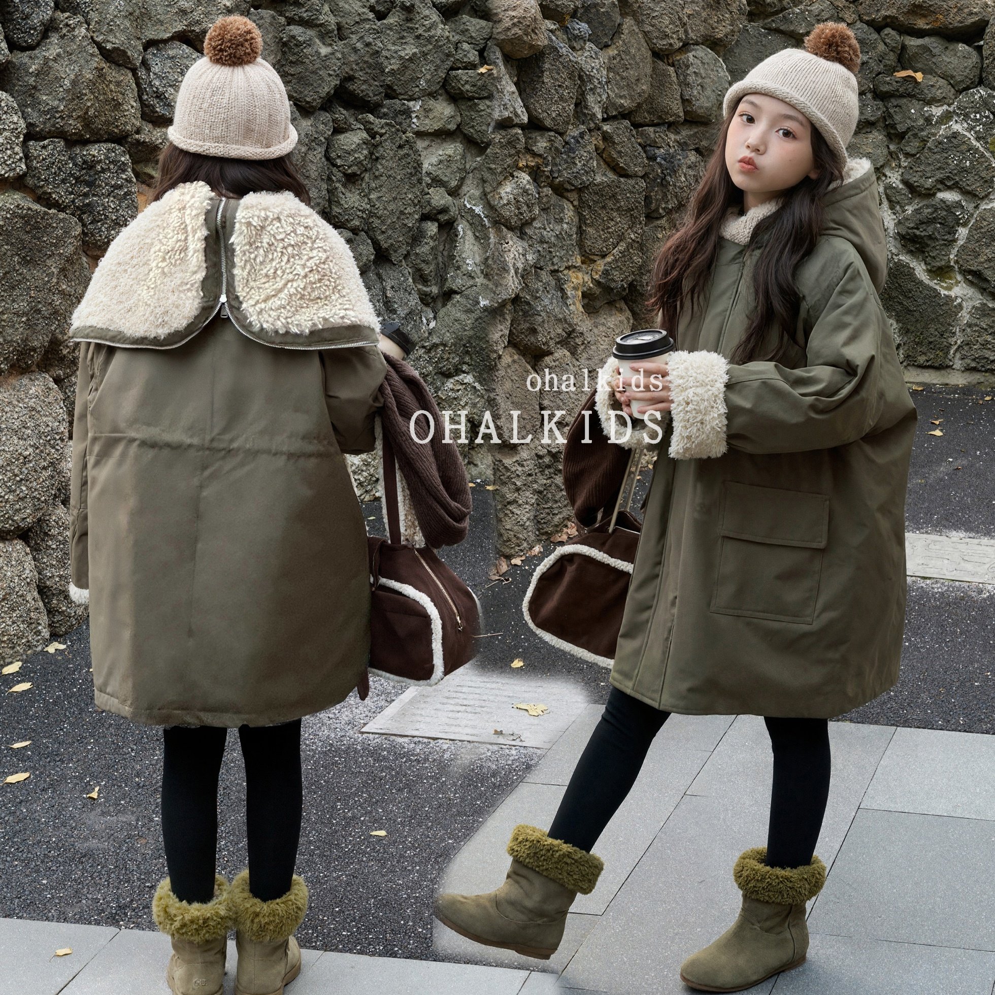 女童棉服冬季加厚外套儿童派克服女孩中长款军绿色加厚棉衣冬装潮
