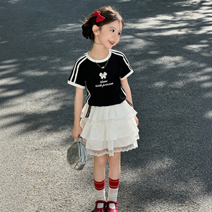 女童2026新款夏装独特漂亮套装儿童复古运动风条纹短袖半身裙衣服