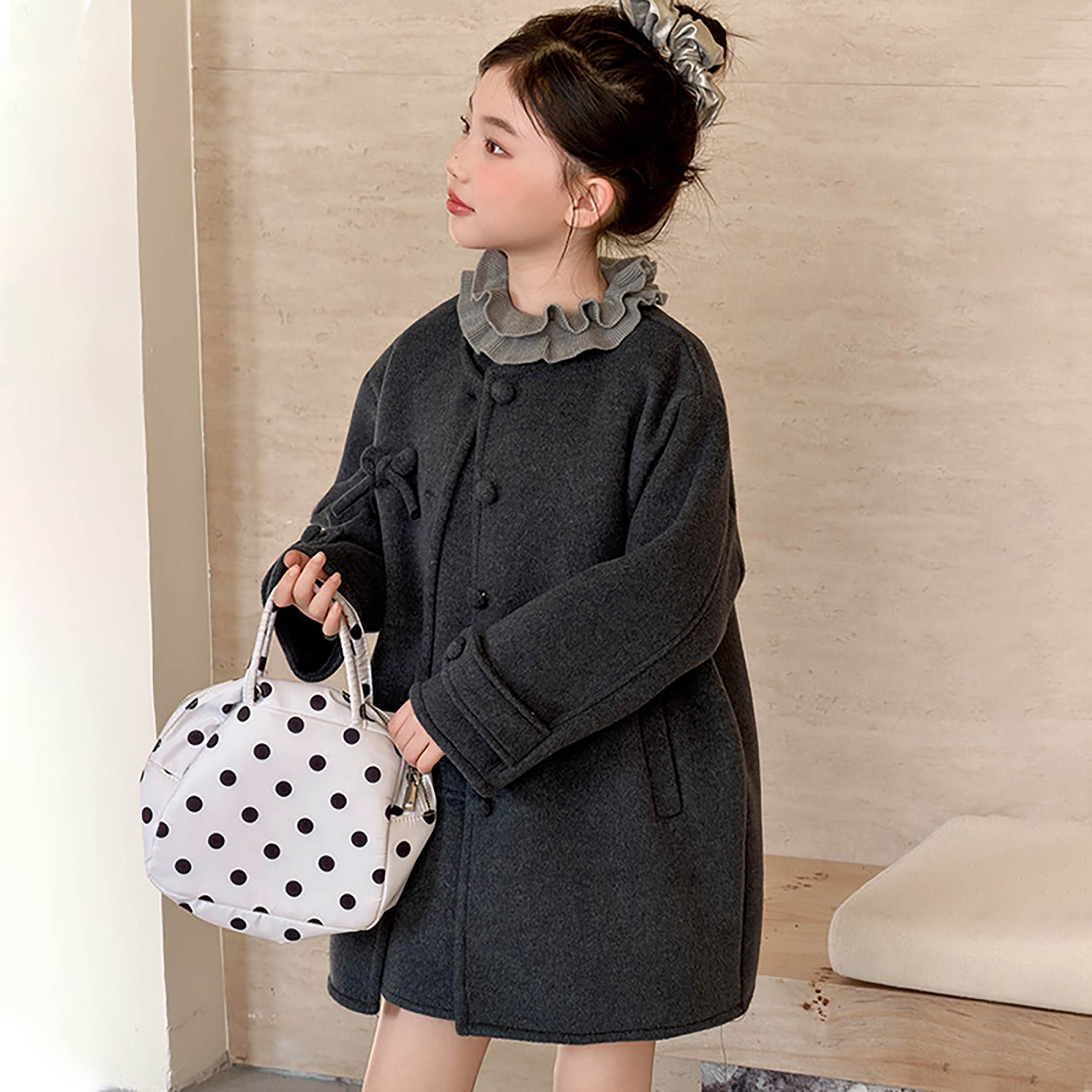 韩系女童灰色蝴蝶结毛呢大衣套装秋冬高级感气质学院风