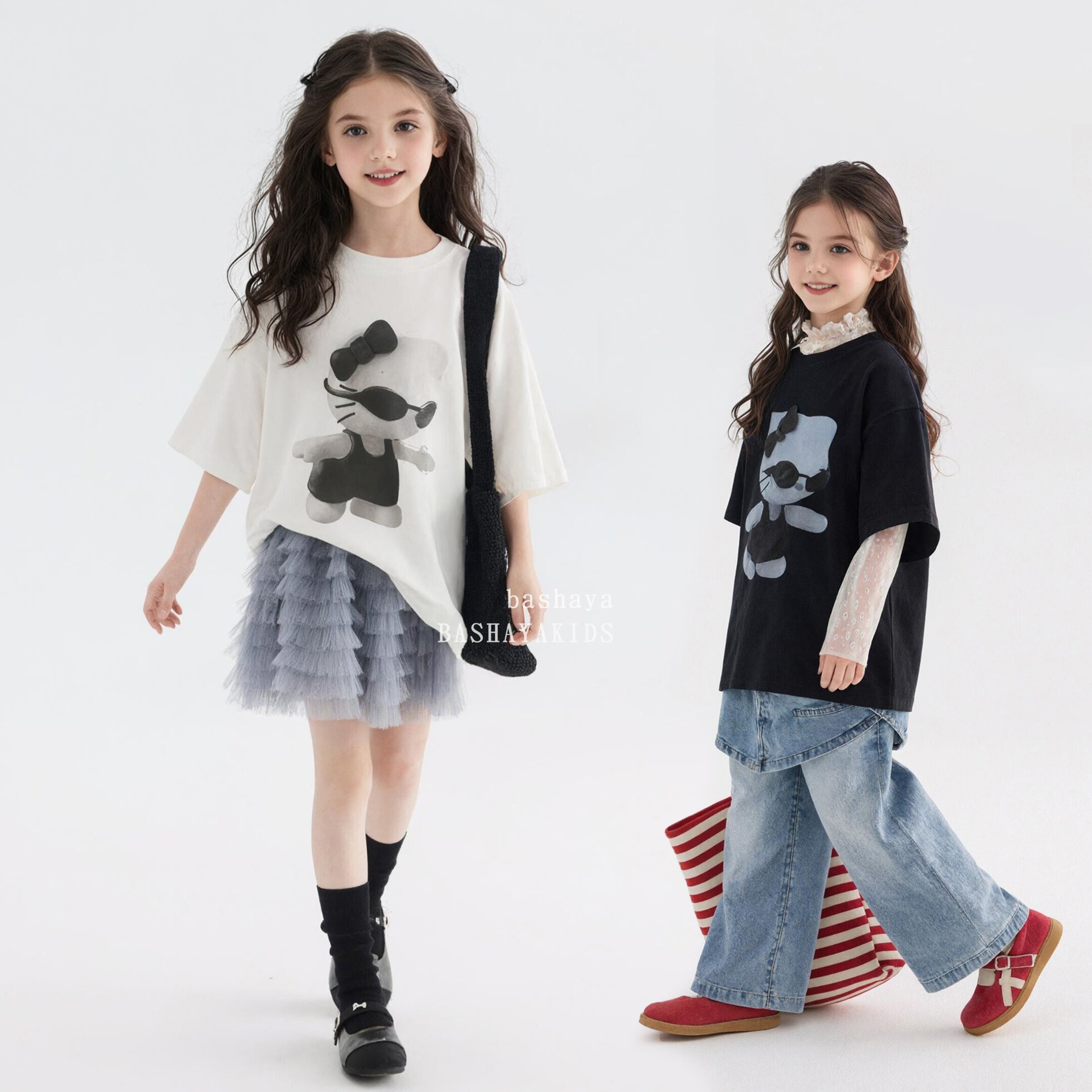 卡通风女童套装夏季宽松印花T恤牛仔裤两件套休闲时髦