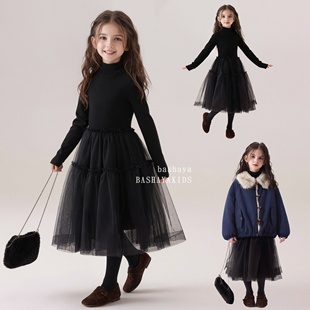 儿童富家千金感裙子女孩黑色高领网纱连衣裙女中长裙蛋糕裙仙女裙
