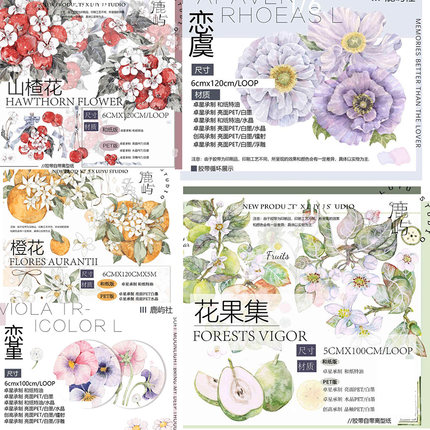鹿屿社花果集橙花恋虞堇山楂花手帐胶带分装浮雕PET水晶拼贴咕卡