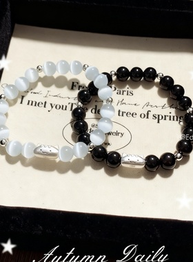 冷淡风足银法棍猫情侣水晶手链