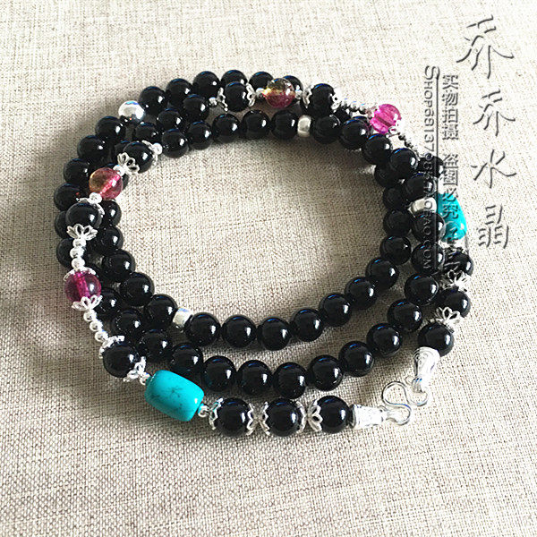 黑玛瑙水晶毛衣项链银色泰国佛牌S925纯银泰银配件挂链可定制款式