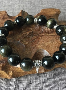 大颗粒黑曜石纯银佛牌水晶手链