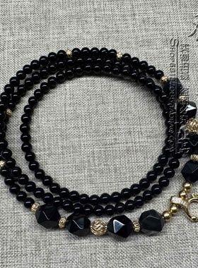 黑玛瑙唐卡毛衣水晶项链 S925纯银镀金配饰泰国佛牌 挂链 可定制