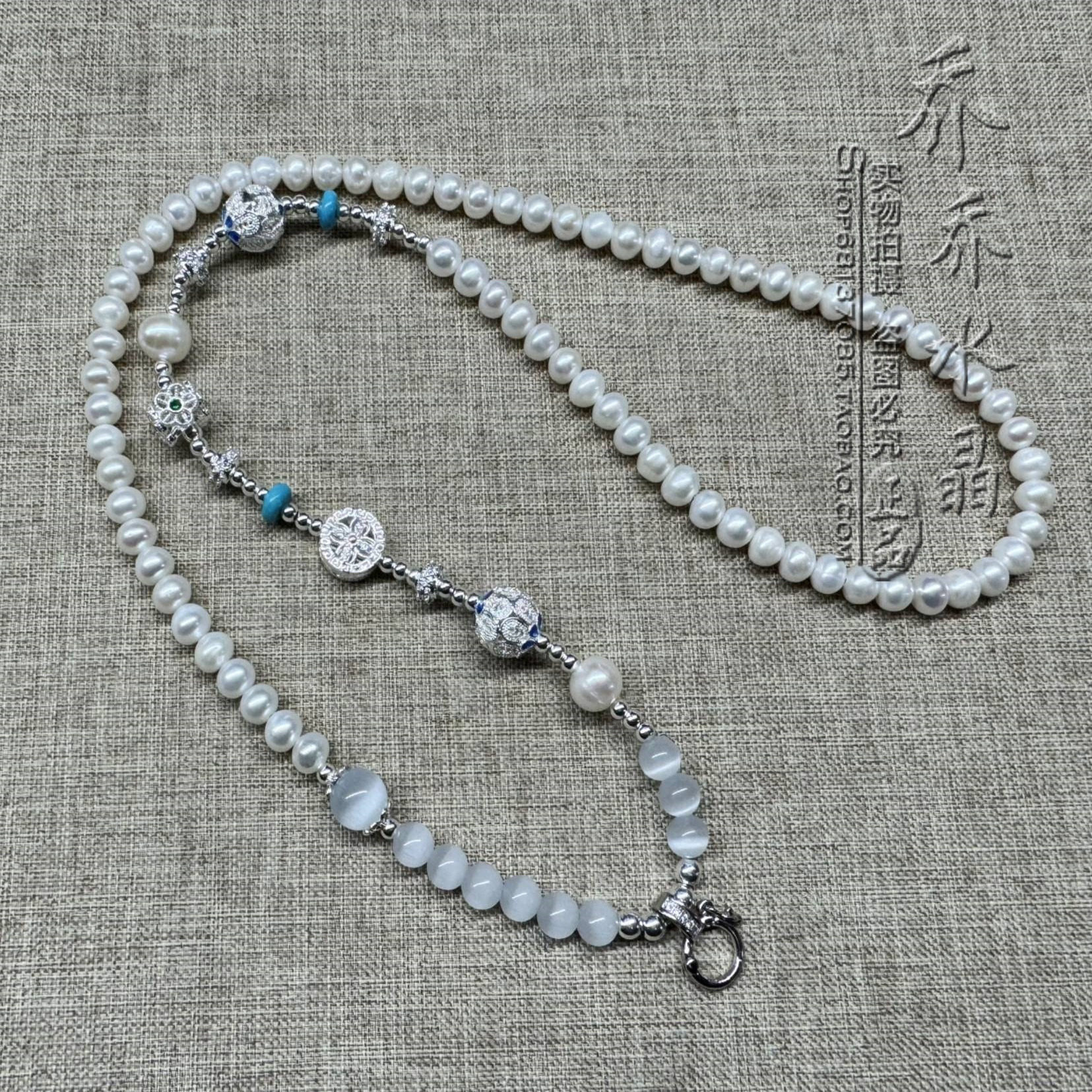 天然珍珠毛衣唐卡项链 银色不对称款泰国佛牌 挂链可定制其他款式