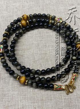 天然黑曜石水晶金色毛衣项链