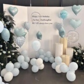 KT版 背景墙布置蓝色可爱生日百天布置气球套餐拍照道具格子波浪心