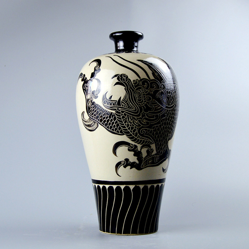 磁州窑黑刻龙纹梅瓶日本国宝搔落刻花传统高温烧制花器瓶子花插,特色手工艺,其他特色工艺品,淘宝优惠券,粉丝福利购,淘宝优惠卷