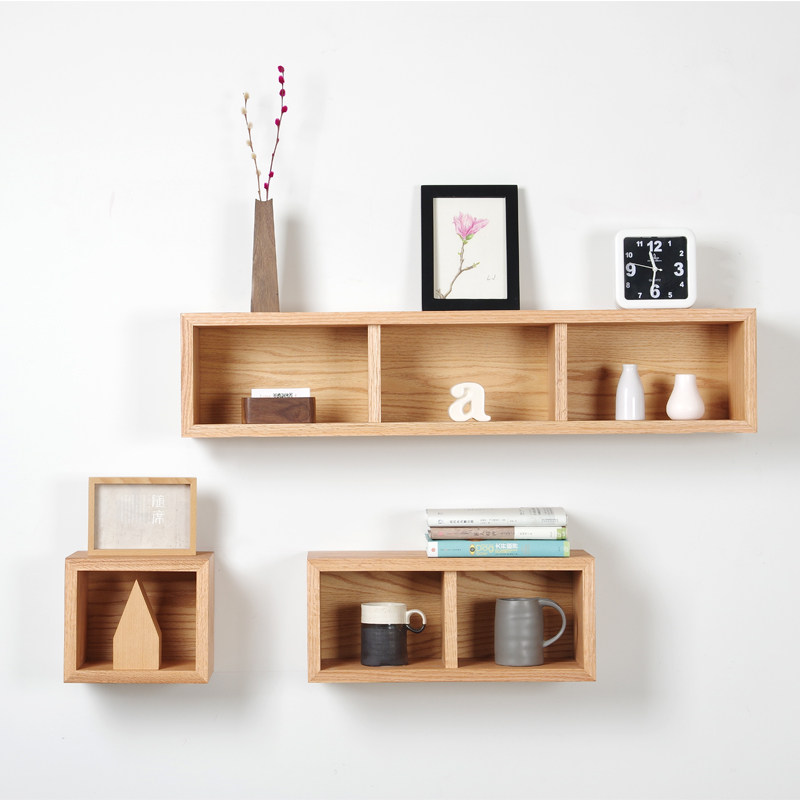 特价现代白橡木实木客厅卧室墙上隔板置物架北欧多功能创意格子架