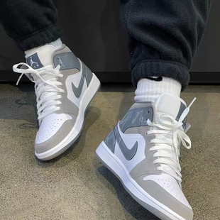 Air Jordan 1 mid AJ1 男款白灰色后跟漆皮中帮篮球鞋 HF3216-100