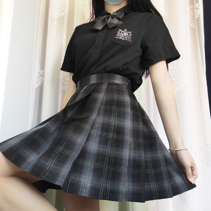 剑桥 猫之物语原创JK制服格裙黑灰格长百褶裙显瘦大码A字半身短裙