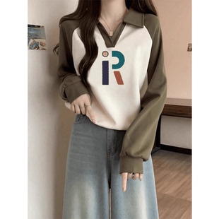 2024年初秋新款撞色插肩袖短款卫衣女加绒加厚polo领小个子上衣