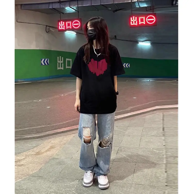 黑色纯棉短袖大版t恤女士夏装学生宽松中长款美式复古下衣失踪潮