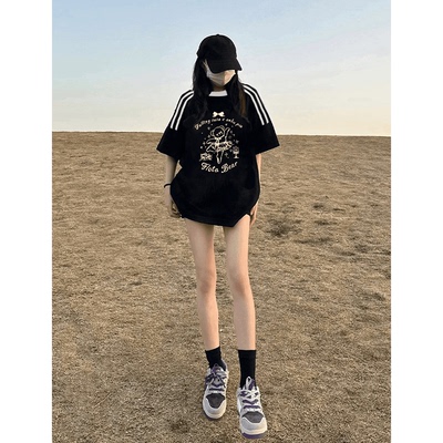 纯棉三条杠美式短袖T恤男女宽松